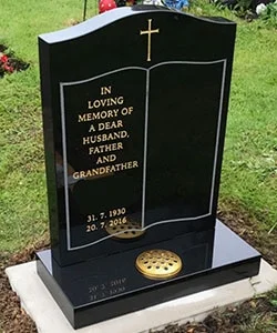 Black Granite Headstone Ogee top Headstone and Base with Gilded inscription and Cross