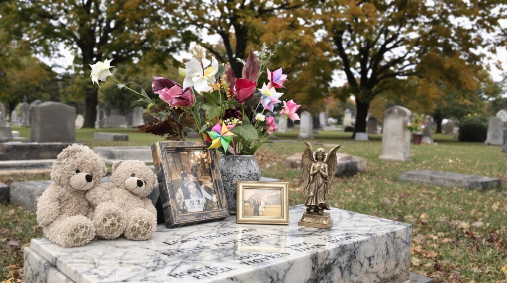 Childs Headstone in a cemetery with teddy bears, flowers, pinwheels and photographs placed on top