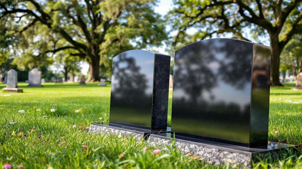 two identical headstones for both parents in a cemetery taken early on a summers day