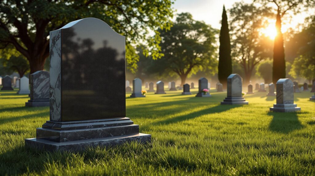 headstones in cemetery at sunset