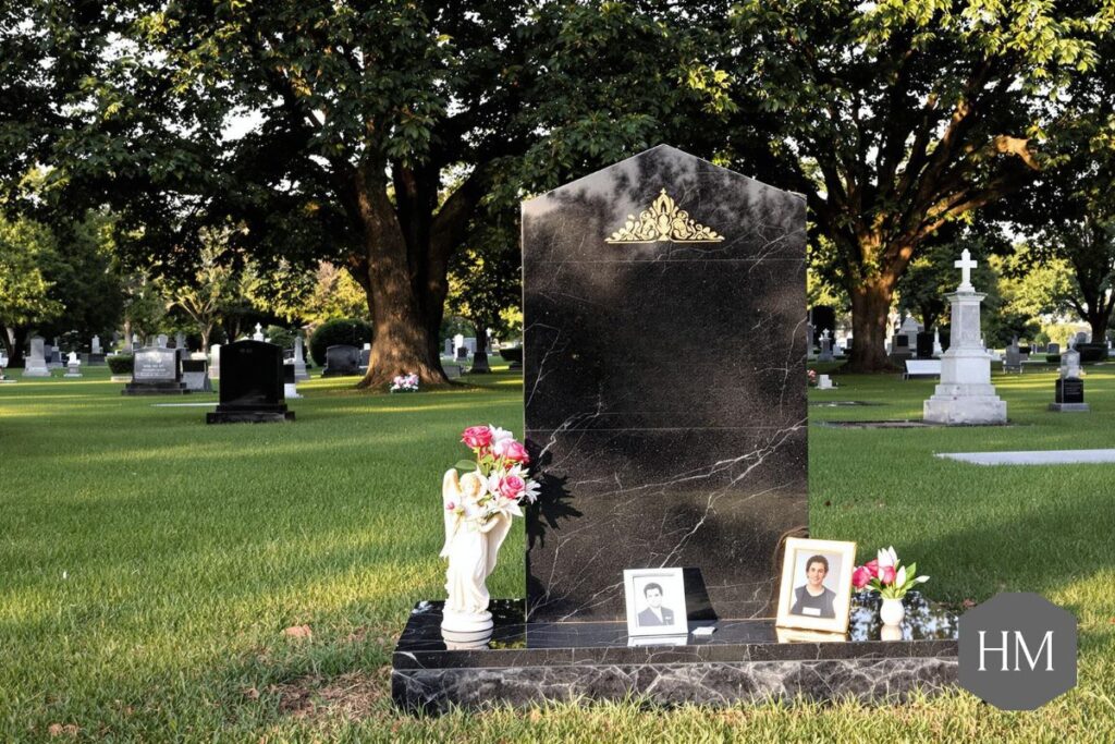 A Headstone in a cemetery at dusk with ornaments photos and flowers surrounding it