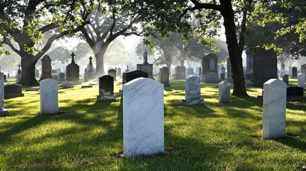 marble headstone in cemetery with trees