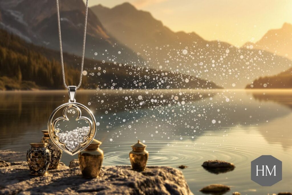 A selection of cremation urns by a lake with a pendant containing some ashes in the foreground