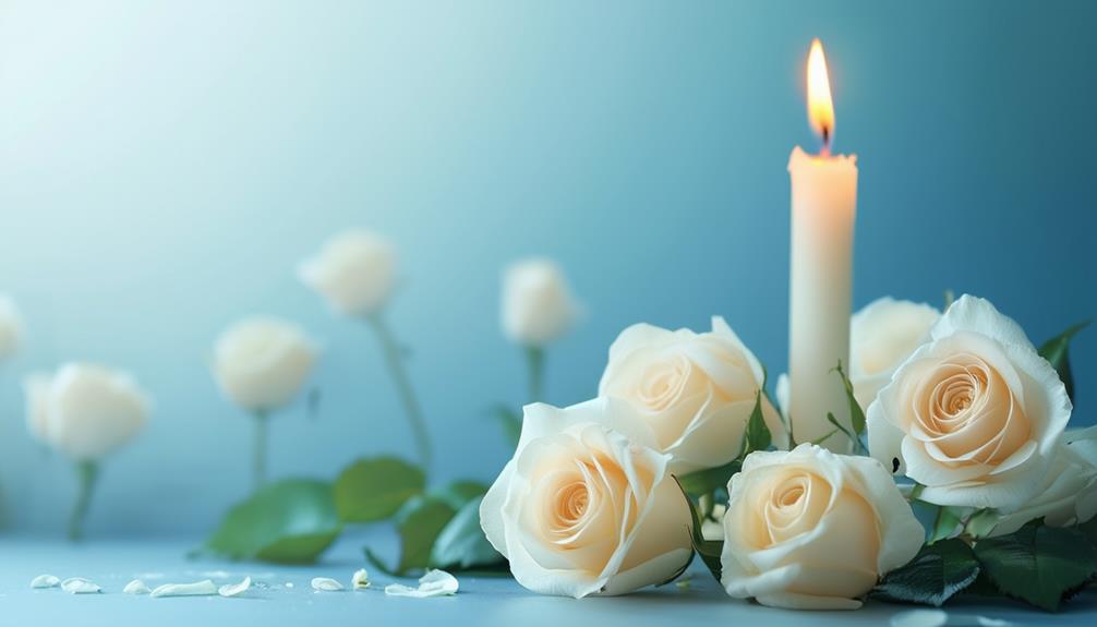White roses laying down with a single burning candle