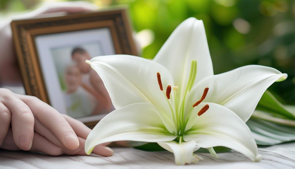 Hands in front of picture of loved one with lily in foreground