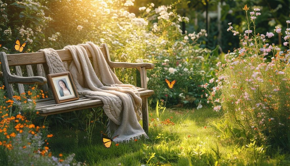 Bench with photo of loved one bathed in sunlight