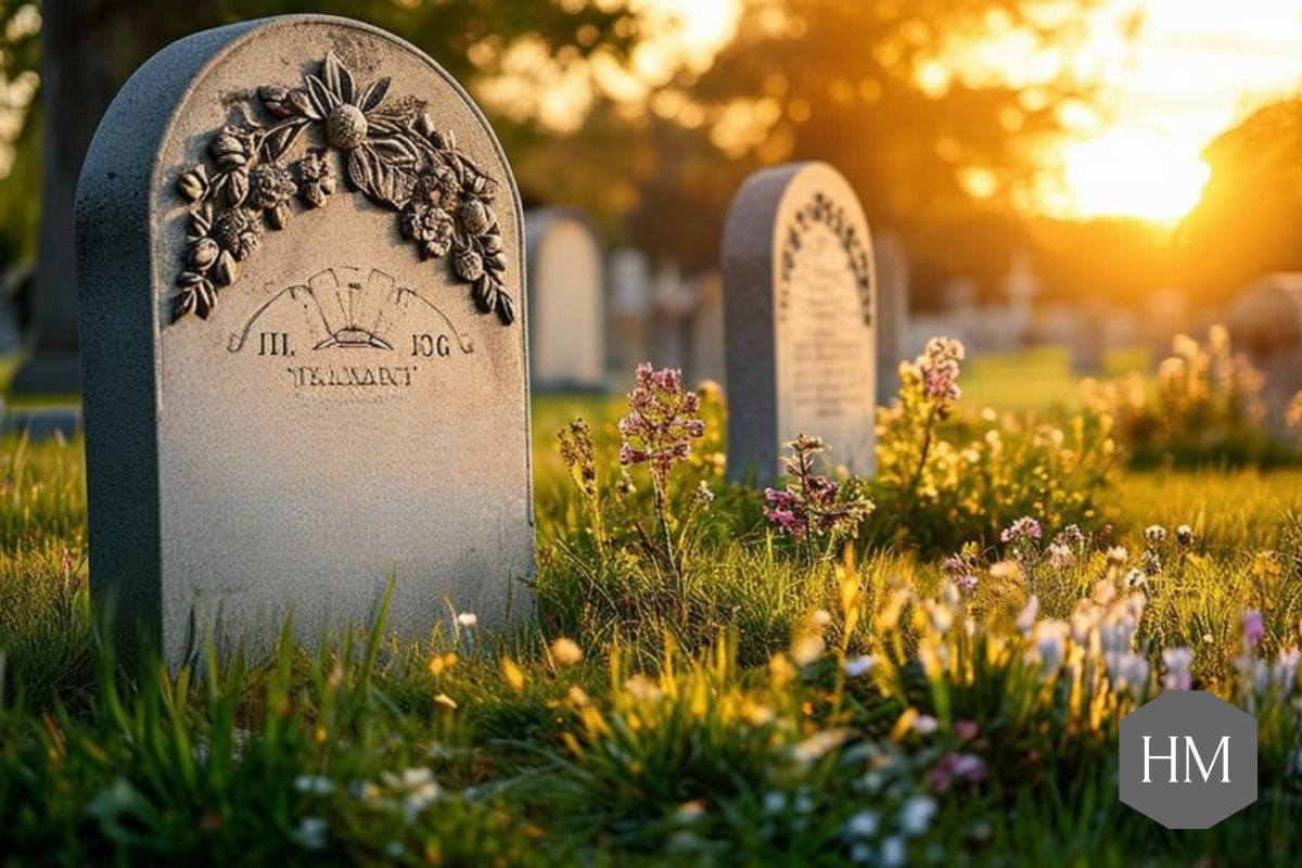 Headstones in a graveyard at sunrise