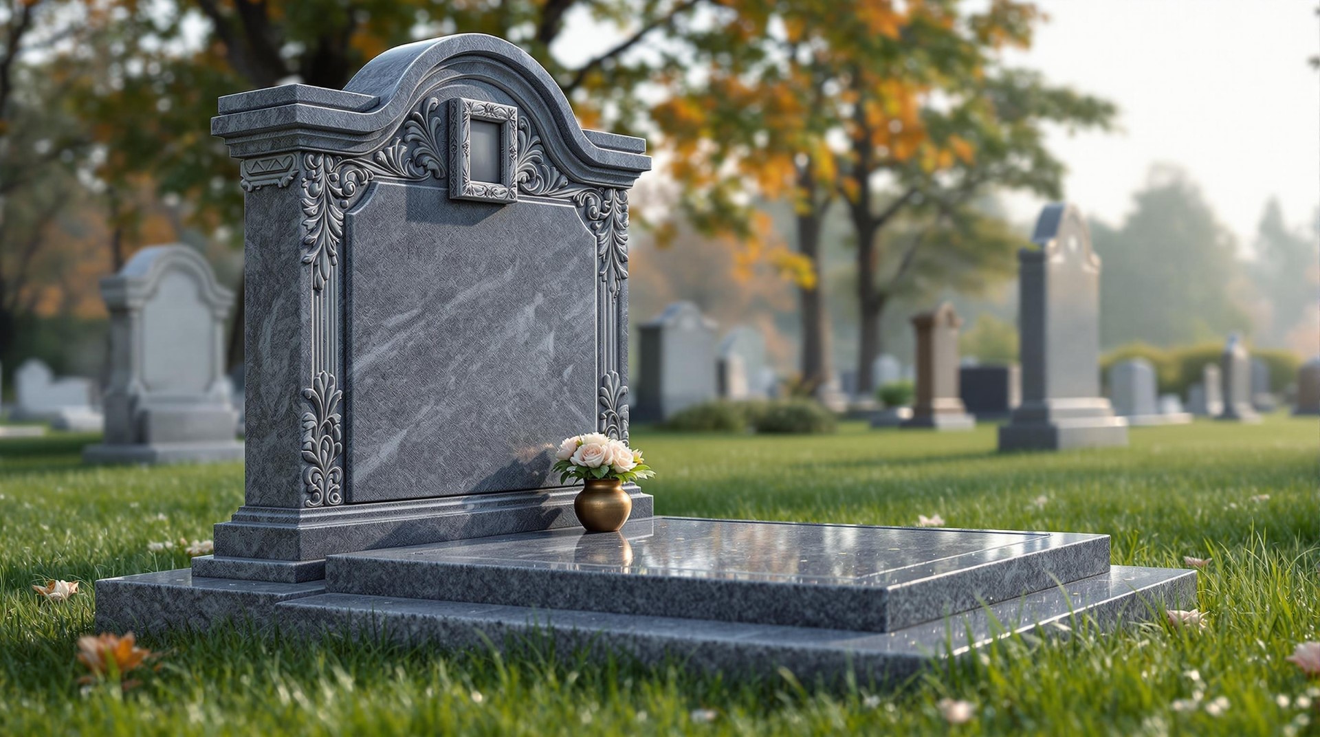 kerbed headstone set in a cemetery with a small pot of flowers on top