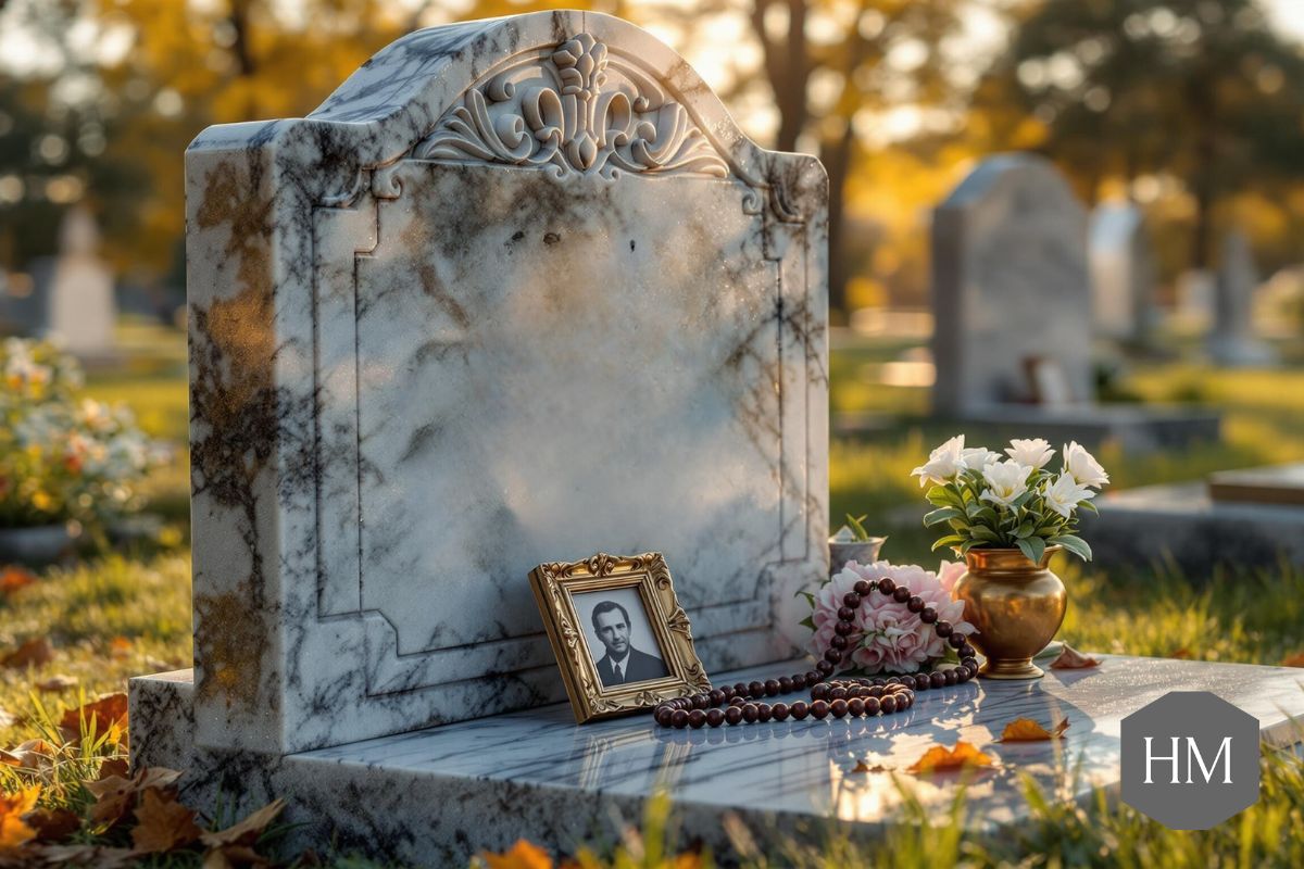 Marble Headstone with photo and flowers on top