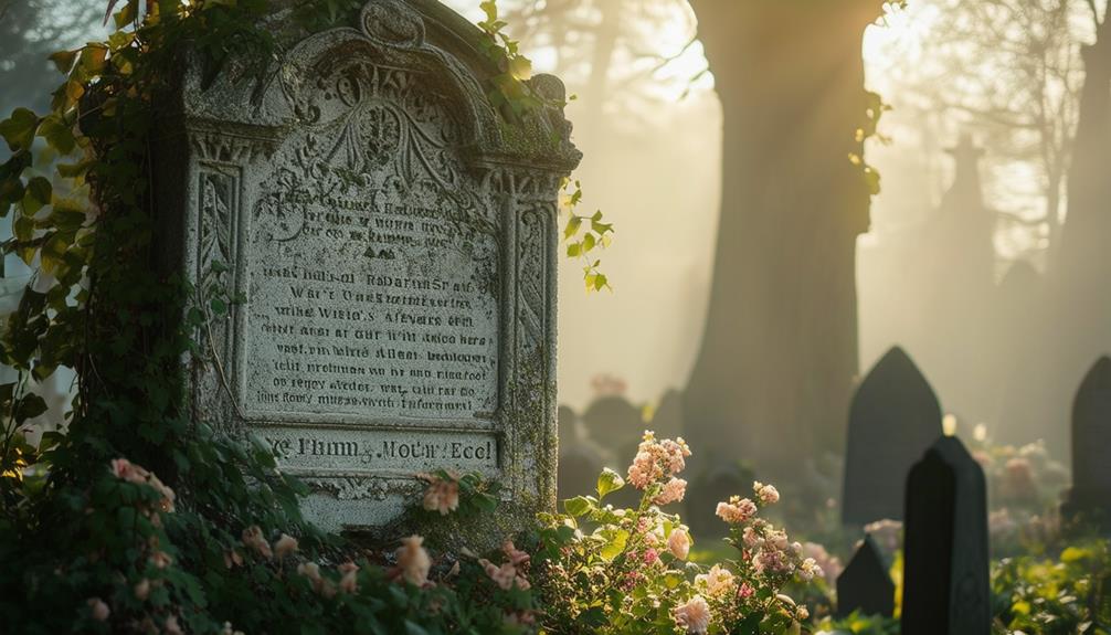 Headstone in graveyard with trees and flowers and sunlight coming through the trees