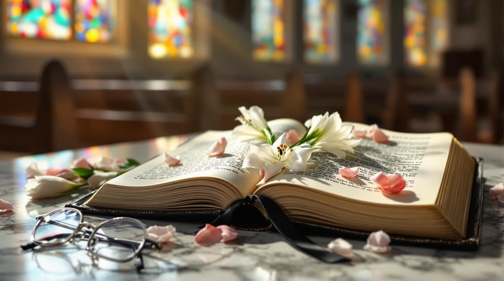 popular funeral poems and verses - Book open in a church with flower petals on the open page