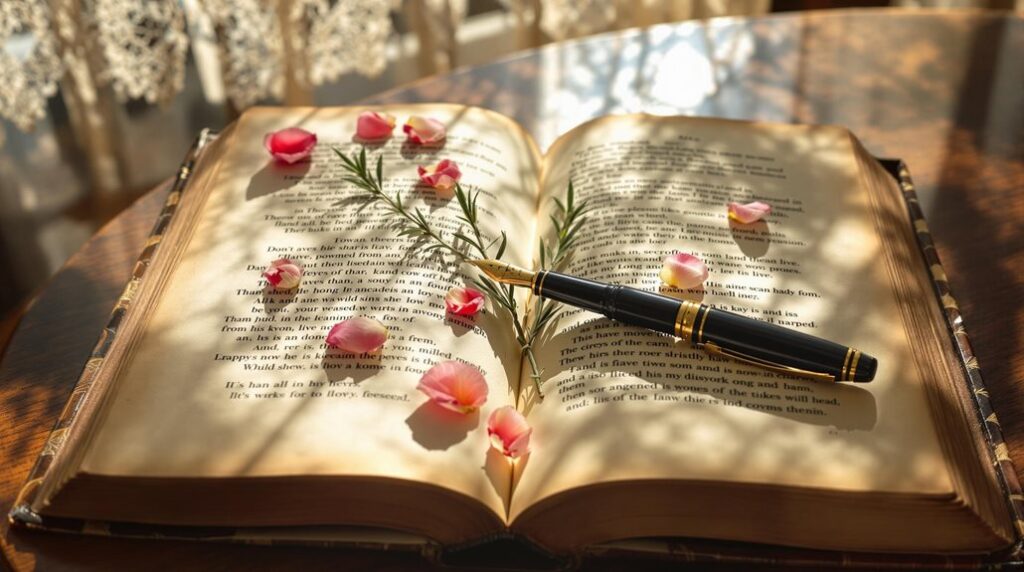 Poetry Book open with a pen and petals on top