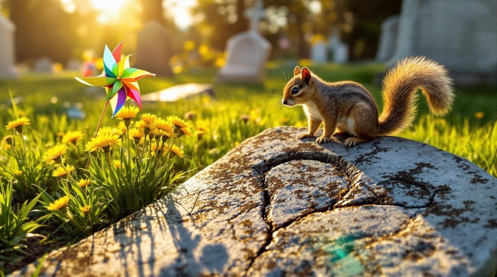 A squirrel in a graveyard at sunrise