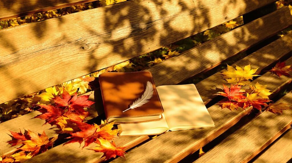 Poetry book on a bench in autumn 