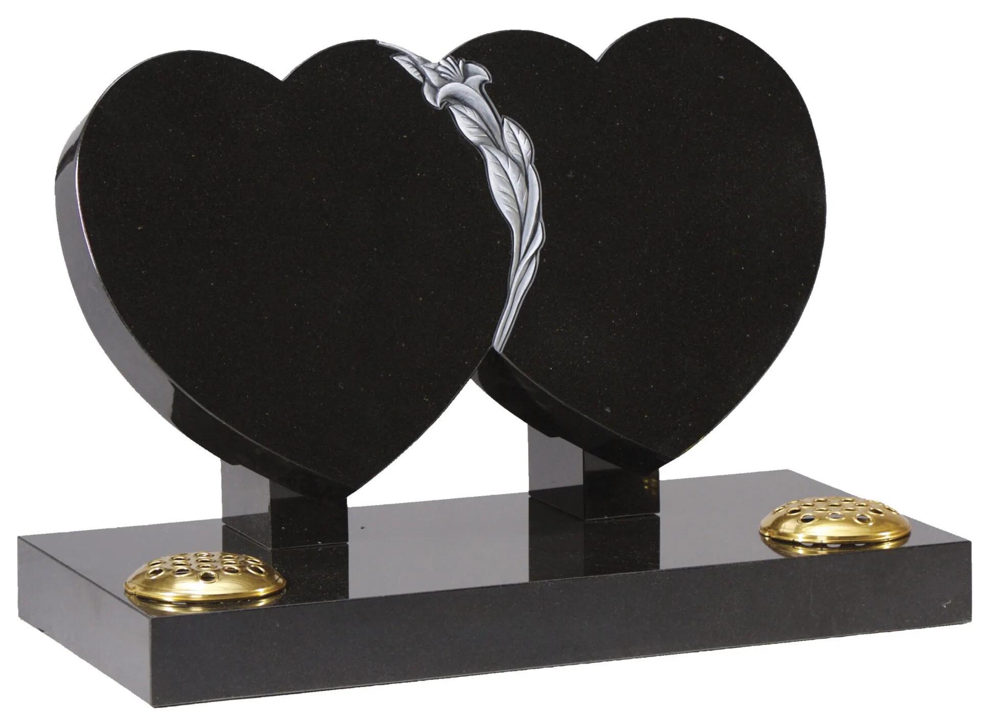 Black granite double heart headstone with gold vases