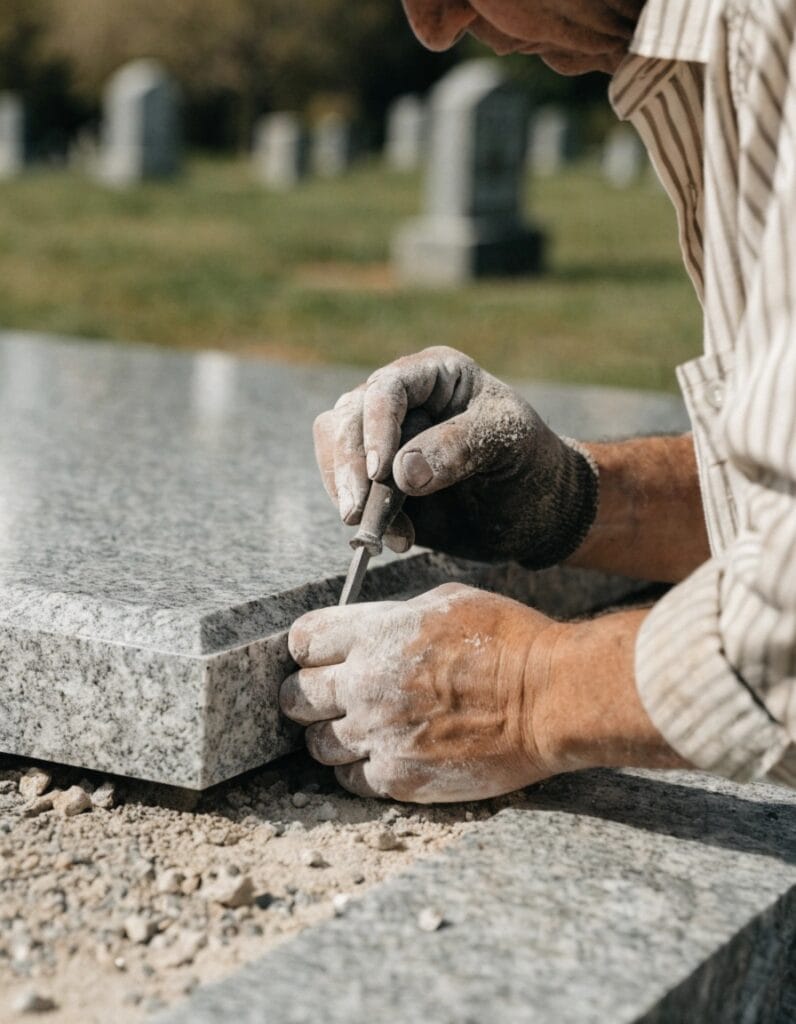 memorial mason preparing a granite headstone foundation in a uk cemetery before erecting a headstone after burial