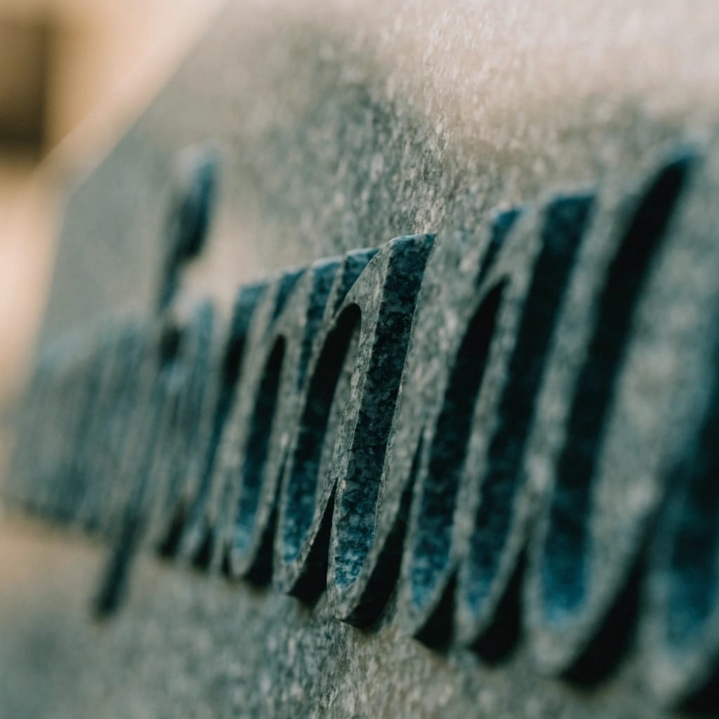 close up of engraved lettering on a dark granite headstone in soft natural light