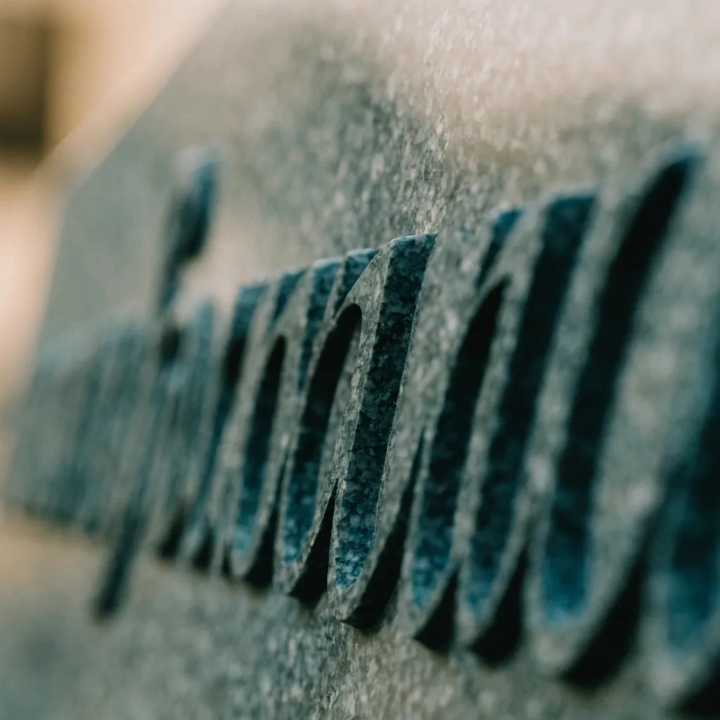 close up of engraved lettering on a dark granite headstone in soft natural light