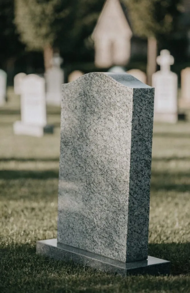 grey granite headstone in a peaceful churchyard, soft natural light on green grass