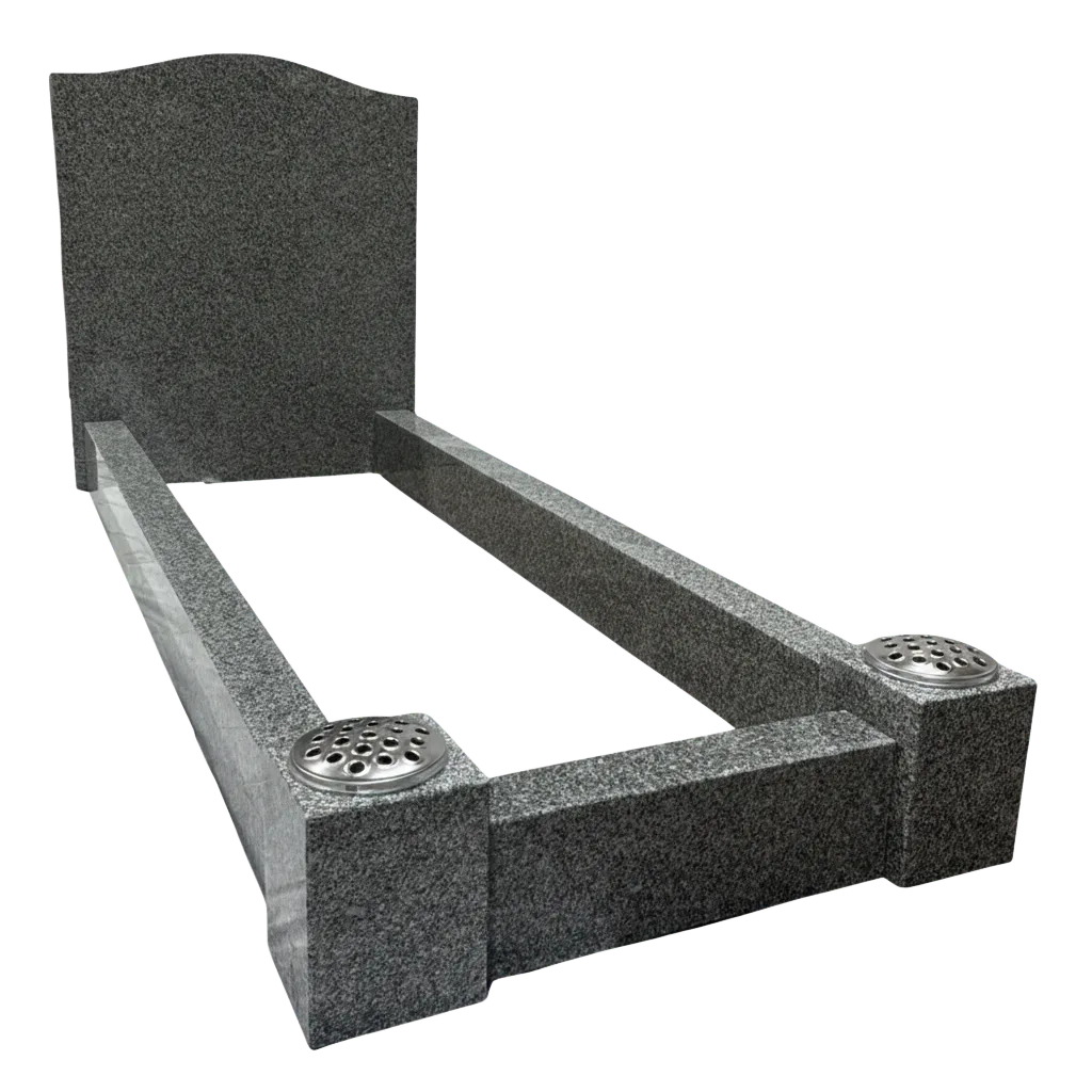 ogee top headstone with kerbs & vase posts – karin grey granite
