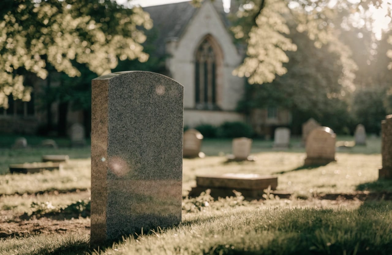 upright granite headstone in a peaceful english churchyard at golden hour, dappled light through trees