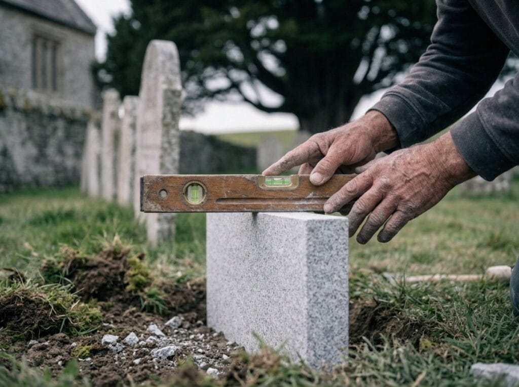 memorial mason levelling a newly installed headstone after permission to put a headstone on a grave was granted