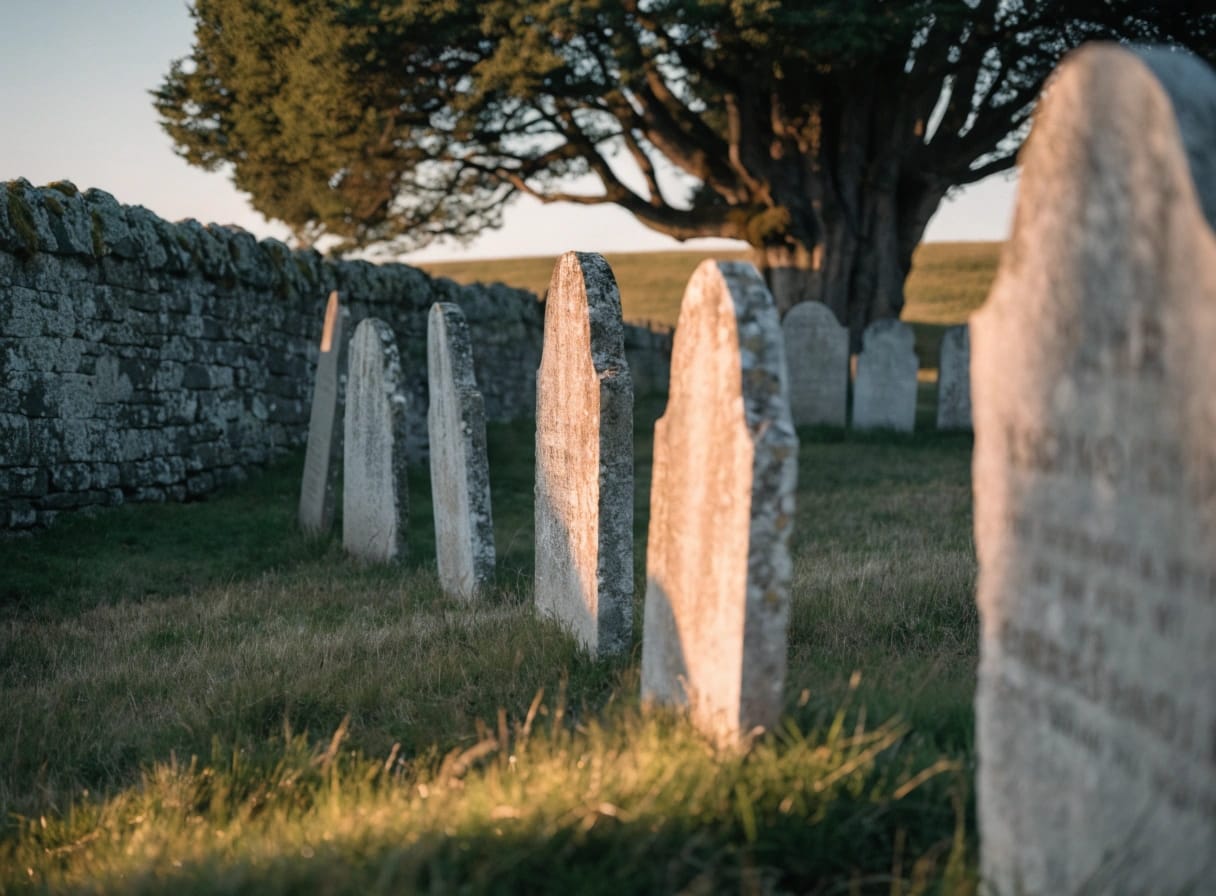weathered limestone headstones in a sunlit english churchyard
