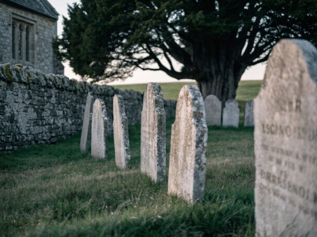 weathered limestone headstones in an english churchyard where permission to put a headstone on a grave is required