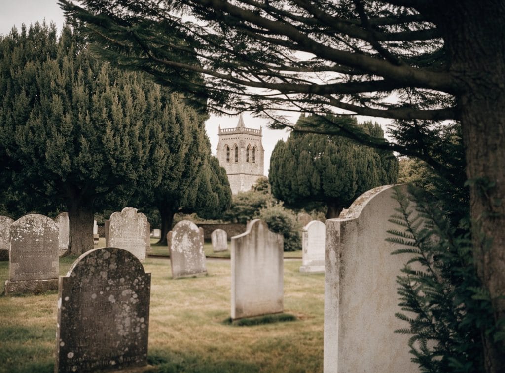 traditional churchyard headstones set against an english parish church under churchyard regulations