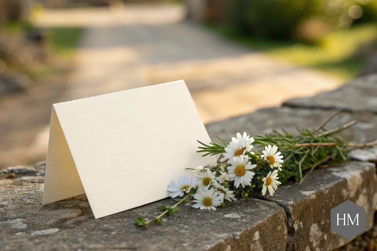 Blank cream sympathy card with a posy of daisies and rosemary on a stone wall