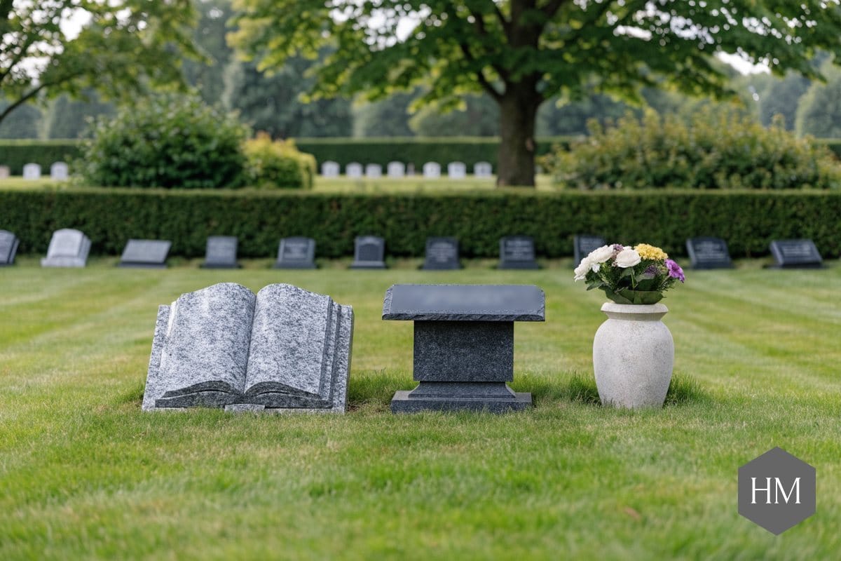 Cremation memorials in a lawn cemetery ashes section: a granite book memorial, a desk tablet and a stone vase of flowers