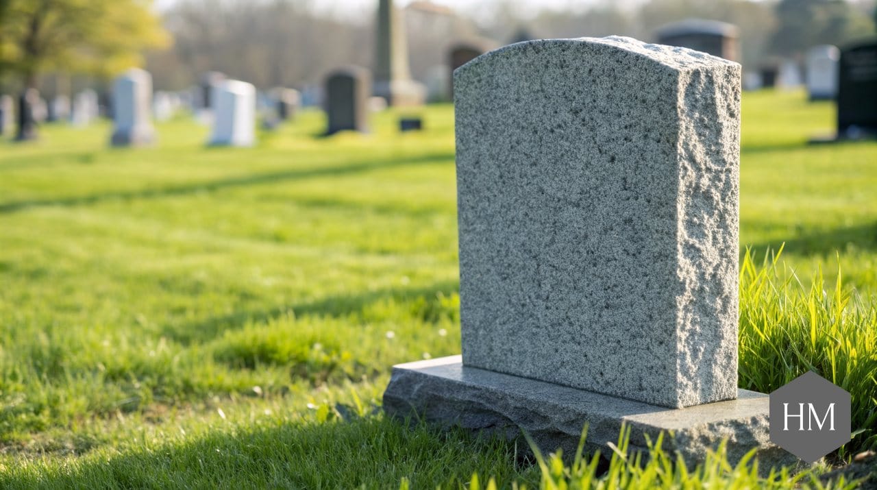 Grey granite headstone standing in a sunny lawn cemetery