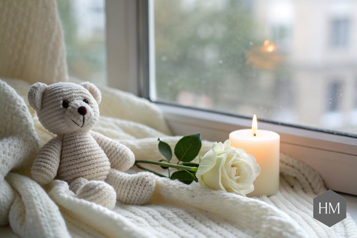 Knitted teddy bear on a cream blanket beside a white rose and a lit candle by a window