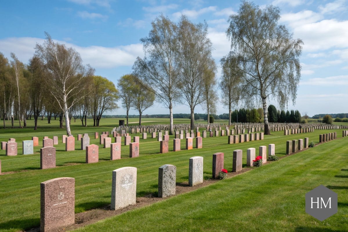 Lawn cemetery with rows of granite headstones and silver birch trees