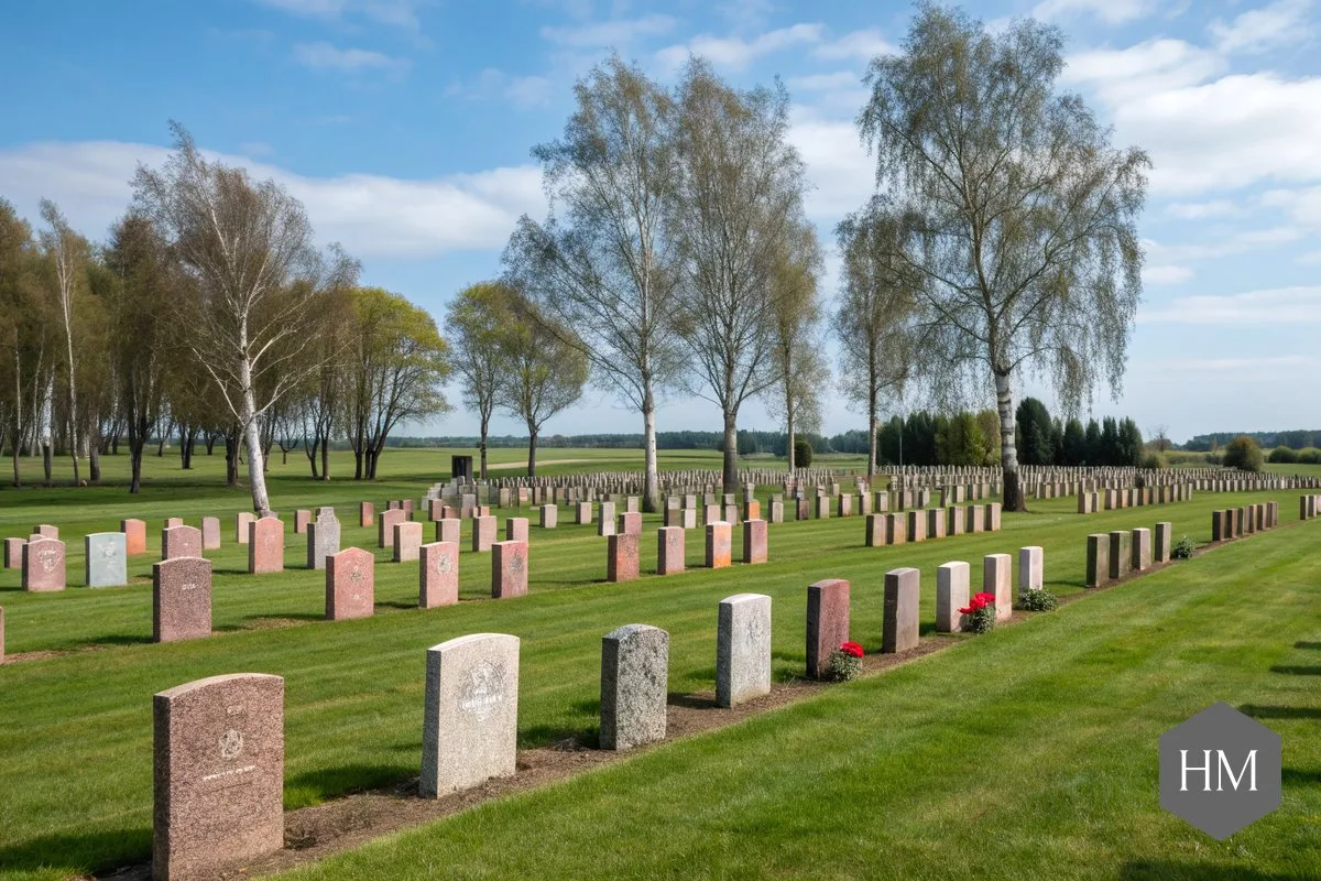 Lawn cemetery with rows of granite headstones and silver birch trees