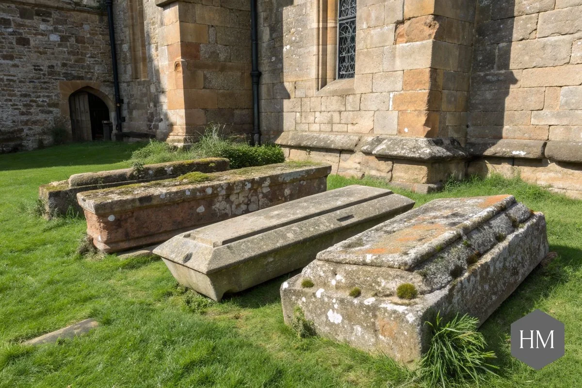 Three old stone coffins lying on the grass beside a sandstone church wall