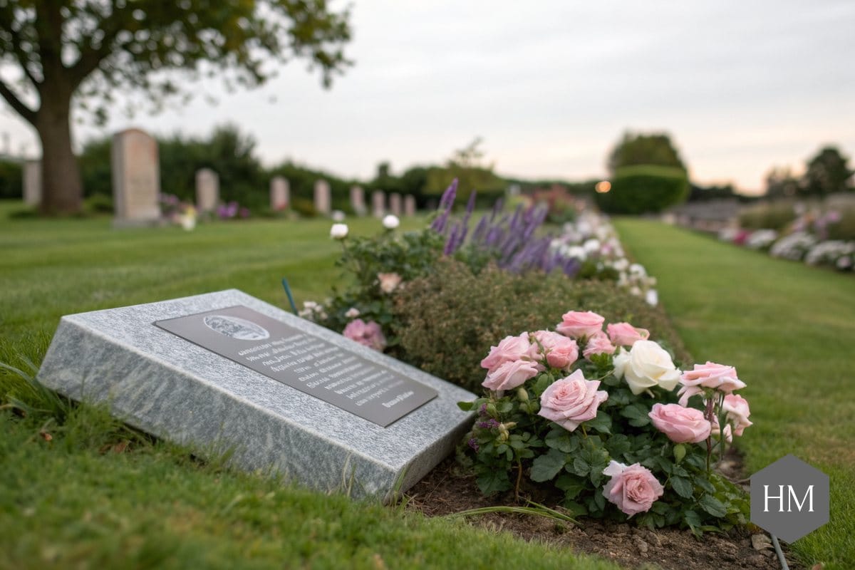 Granite memorial plaque set in the lawn of a garden of remembrance beside pink roses and lavender