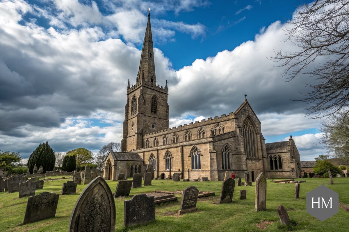 Parish church with a tall spire and old headstones in the churchyard