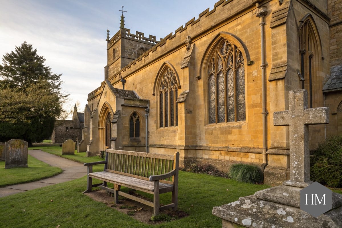 Sandstone parish church with a wooden bench and a weathered stone cross in the churchyard