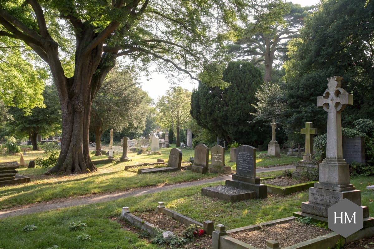 Old English cemetery with upright headstones, stone crosses and kerbed memorials beneath mature trees