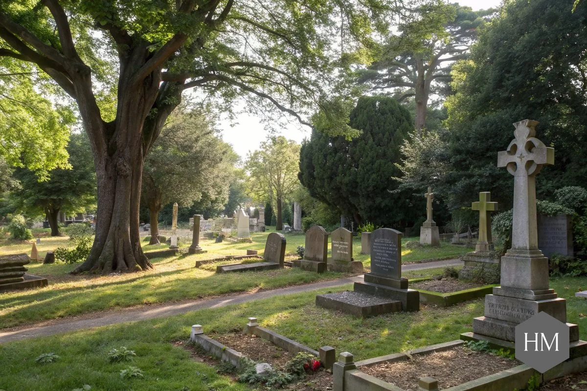 old english cemetery with upright headstones, stone crosses and kerbed memorials beneath mature trees Old English cemetery with upright headstones, stone crosses and kerbed memorials beneath mature trees