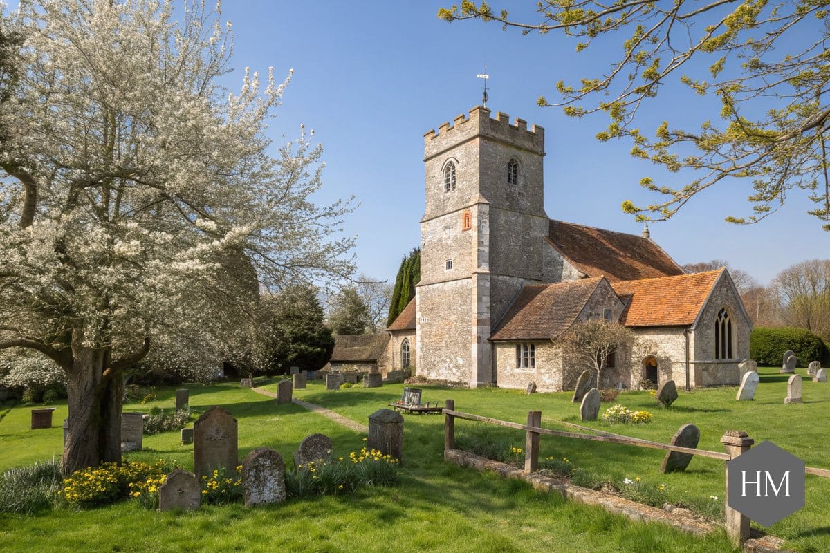 English village church with a stone tower and a churchyard of old headstones in spring