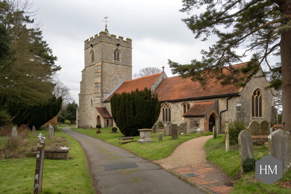 Village church with a path leading through the churchyard and its headstones