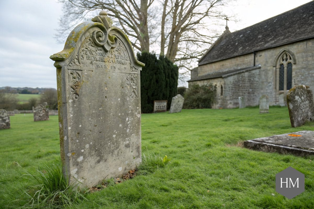 Weathered old headstone with a carved scroll top in an English churchyard