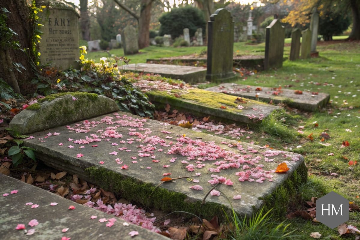 Weathered flat ledger gravestones covered in fallen blossom and leaves in an English churchyard