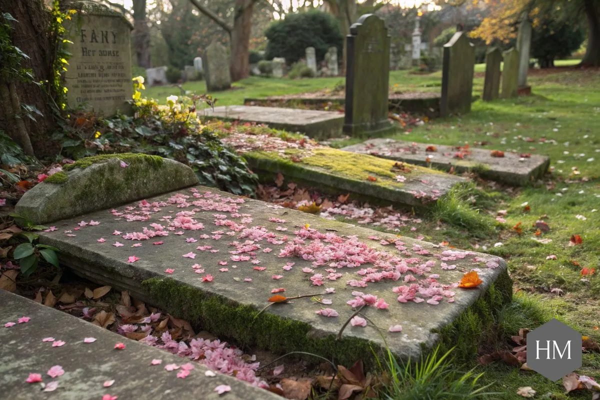 Weathered flat ledger gravestones covered in fallen blossom and leaves in an English churchyard