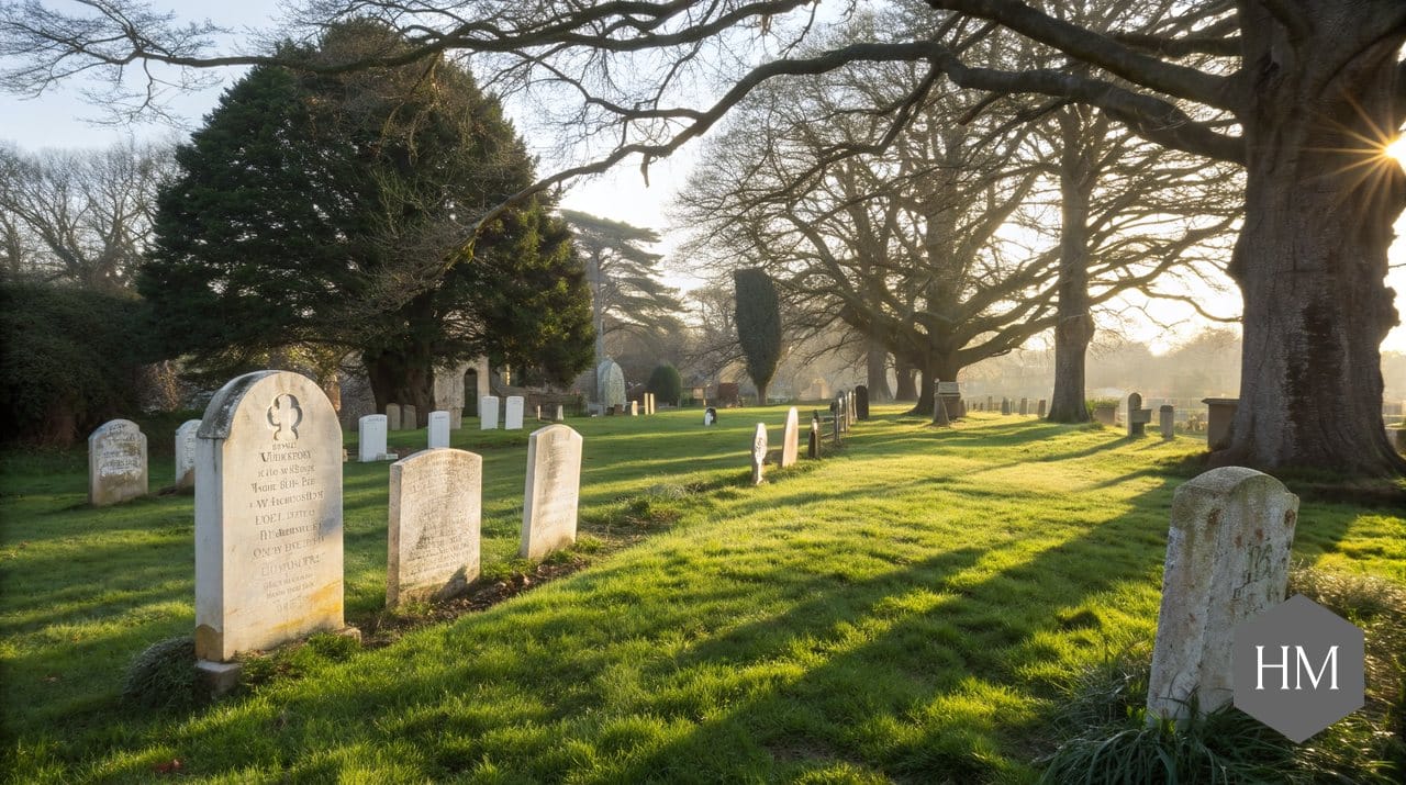 White marble headstones in an English churchyard under oak trees in morning light