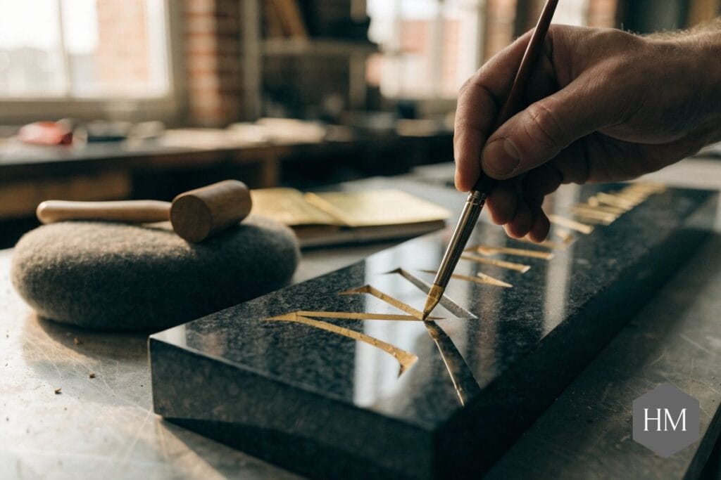 Stonemason applying gold leaf to incised letters on a black granite headstone during re-lettering in a workshop