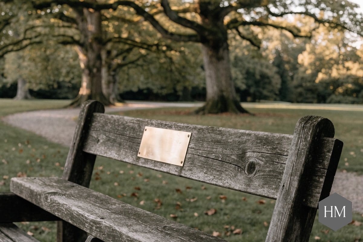 memorial bench with brass plaque in a park Weathered wooden memorial bench with a brass plaque on the backrest, beneath oak trees in a park