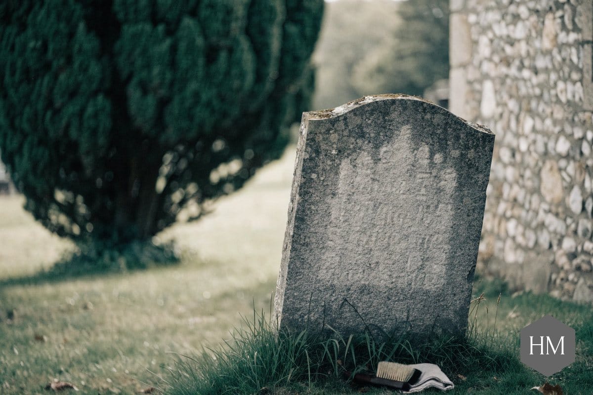 Weathered headstone with faded lettering in an English churchyard, awaiting headstone restoration, with a soft brush at its base